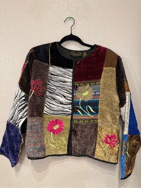 Alex Kim Patchwork Chenille Tapestry Jacket Embroidered Floral Boho Wearable Art